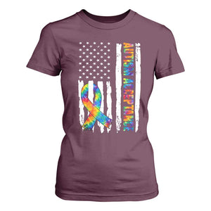 Autism Acceptance T Shirt For Women US Flag Ribbon Support Neurodiversity TS14 Maroon Print Your Wear