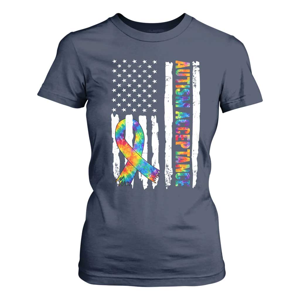 Autism Acceptance T Shirt For Women US Flag Ribbon Support Neurodiversity TS14 Navy Print Your Wear