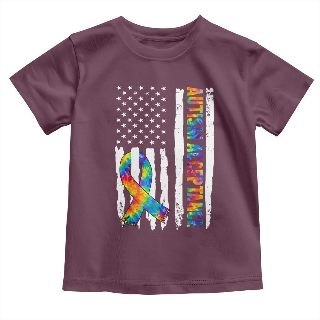 Autism Acceptance Toddler T Shirt US Flag Ribbon Support Neurodiversity TS14 Maroon Print Your Wear