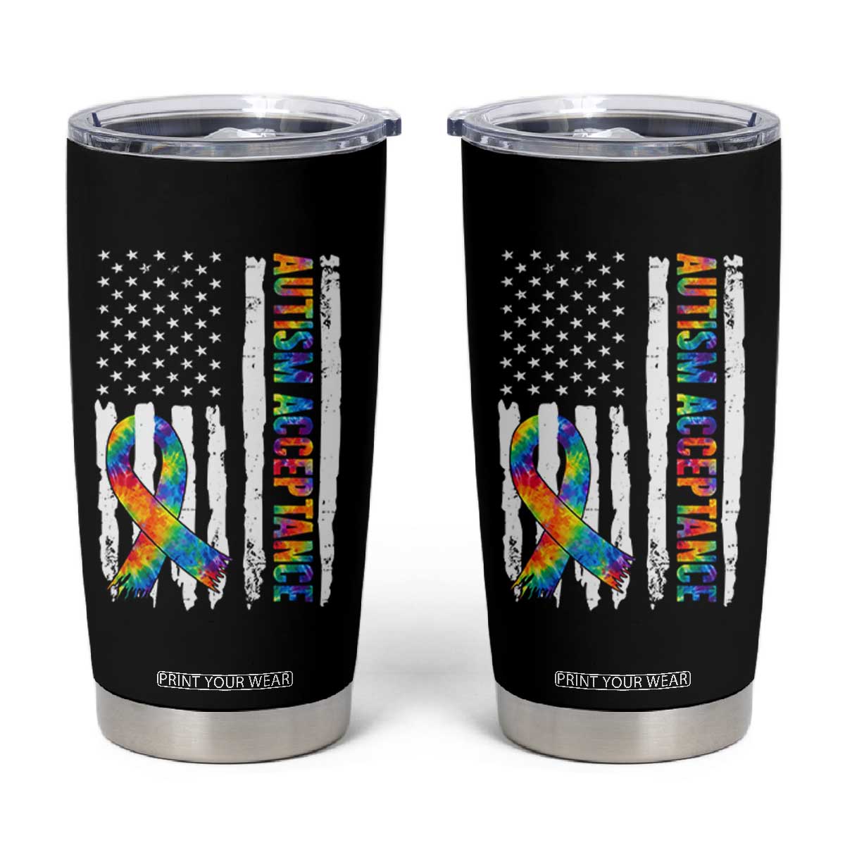 Autism Acceptance Tumbler Cup US Flag Ribbon Support Neurodiversity TS14 Black Print Your Wear
