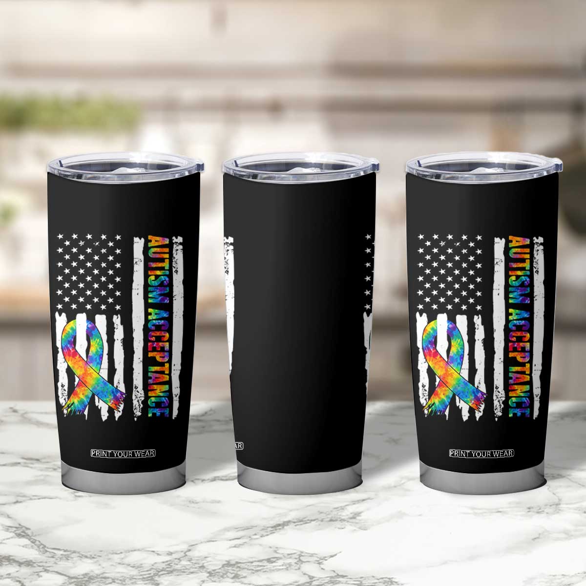 Autism Acceptance Tumbler Cup US Flag Ribbon Support Neurodiversity TS14 Print Your Wear