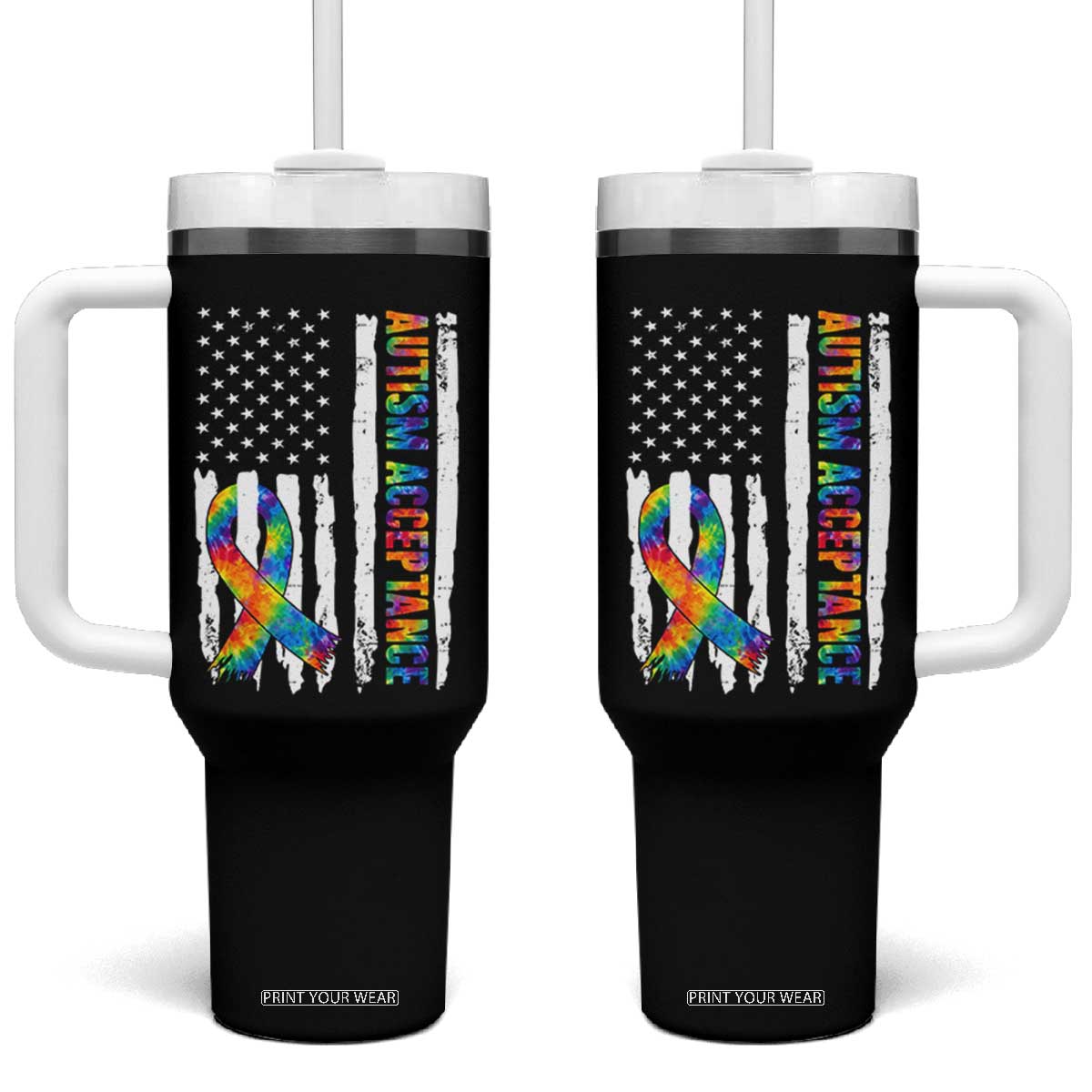 Autism Acceptance Tumbler With Handle US Flag Ribbon Support Neurodiversity TS14 One Size: 40 oz Black Print Your Wear