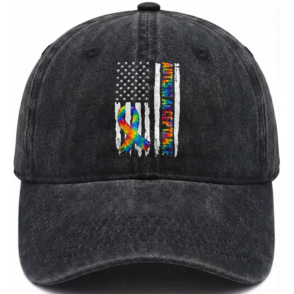 Autism Acceptance Washed Cotton Baseball Cap US Flag Ribbon Support Neurodiversity TS14 Print Your Wear