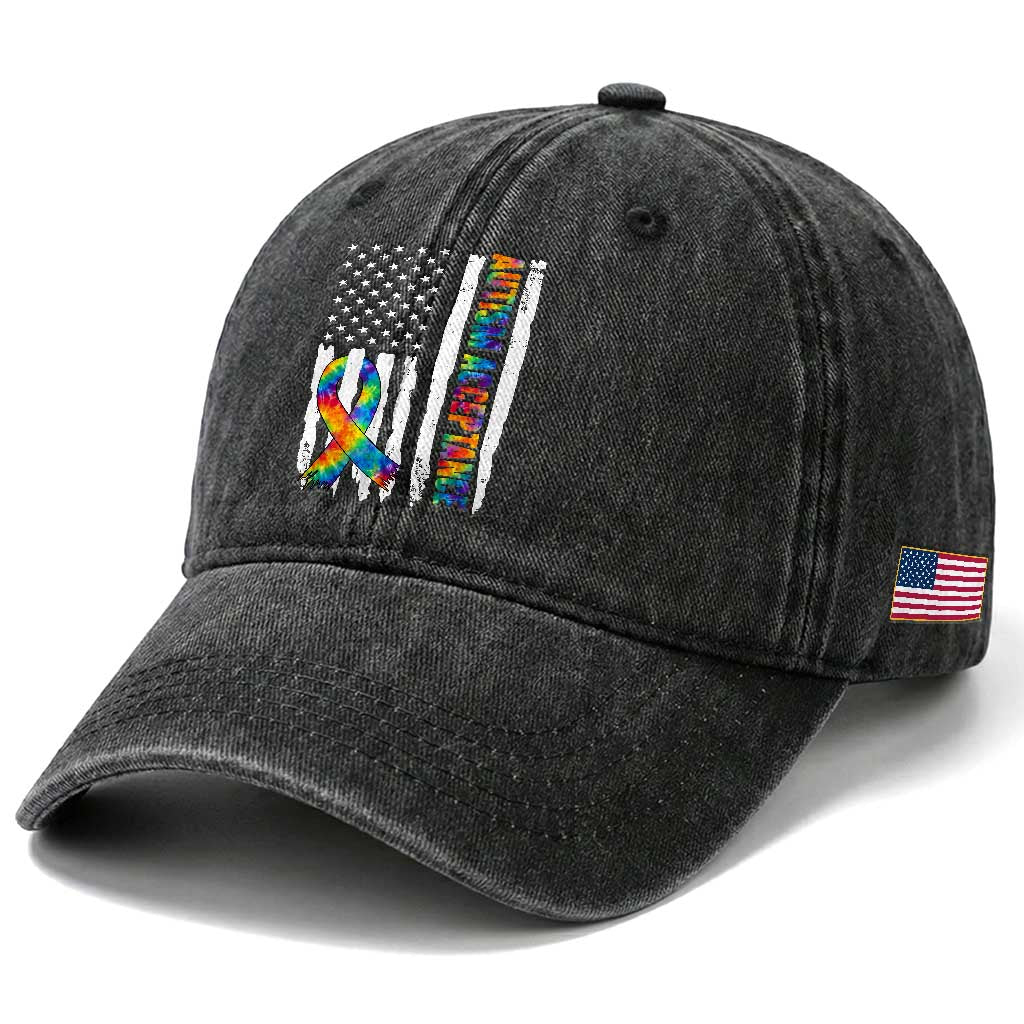 Autism Acceptance Washed Cotton Baseball Cap US Flag Ribbon Support Neurodiversity TS14 Print Your Wear