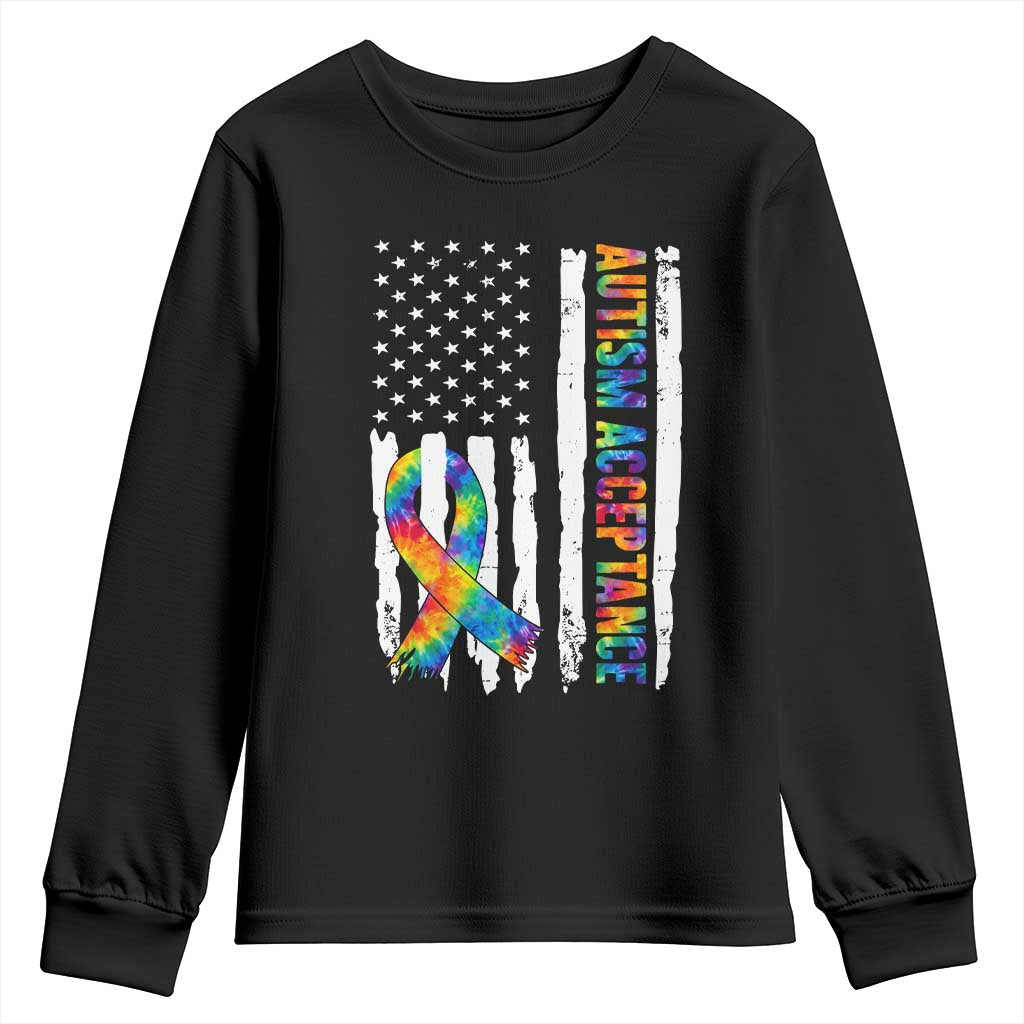 Autism Acceptance Youth Sweatshirt US Flag Ribbon Support Neurodiversity TS14 Black Print Your Wear
