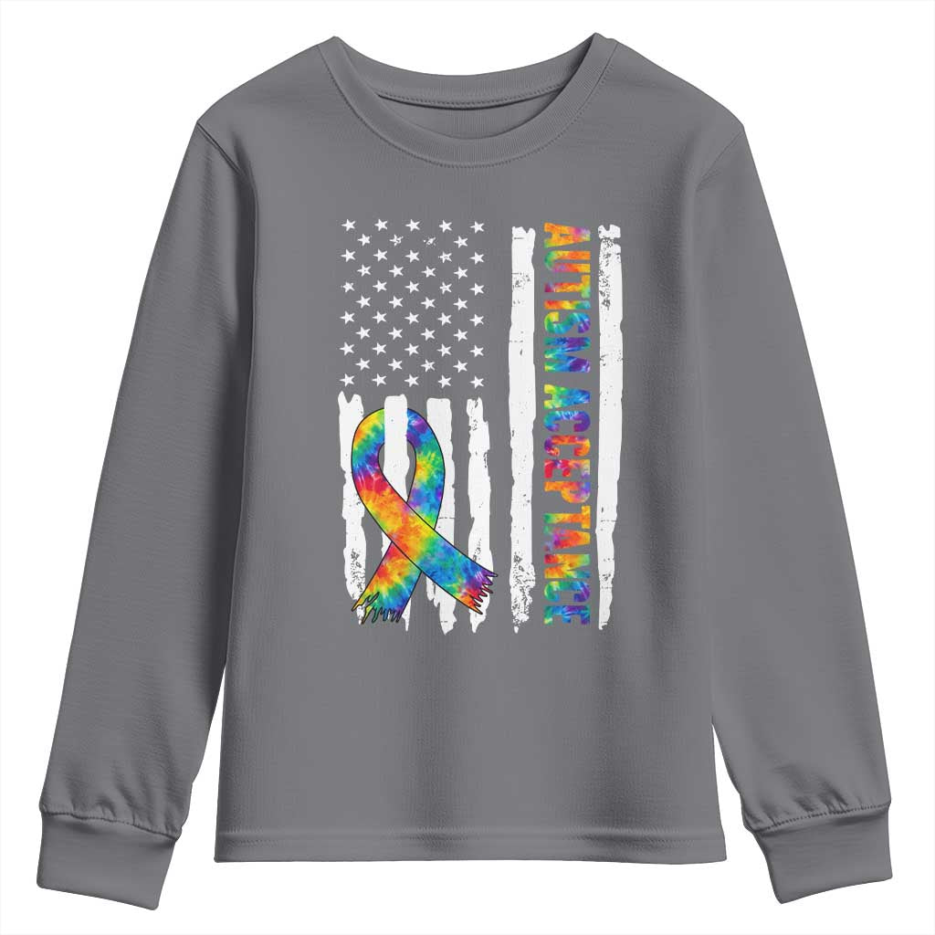 Autism Acceptance Youth Sweatshirt US Flag Ribbon Support Neurodiversity TS14 Charcoal Print Your Wear