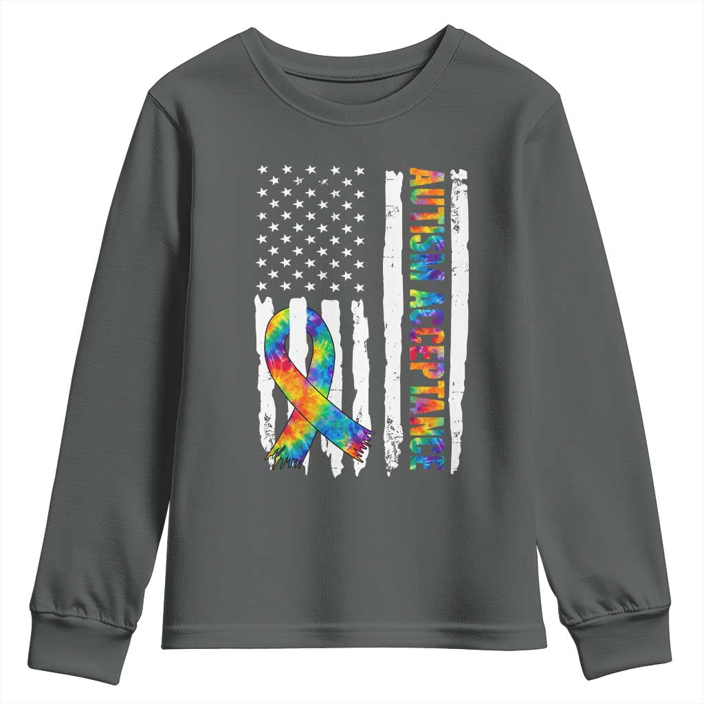 Autism Acceptance Youth Sweatshirt US Flag Ribbon Support Neurodiversity TS14 Dark Heather Print Your Wear