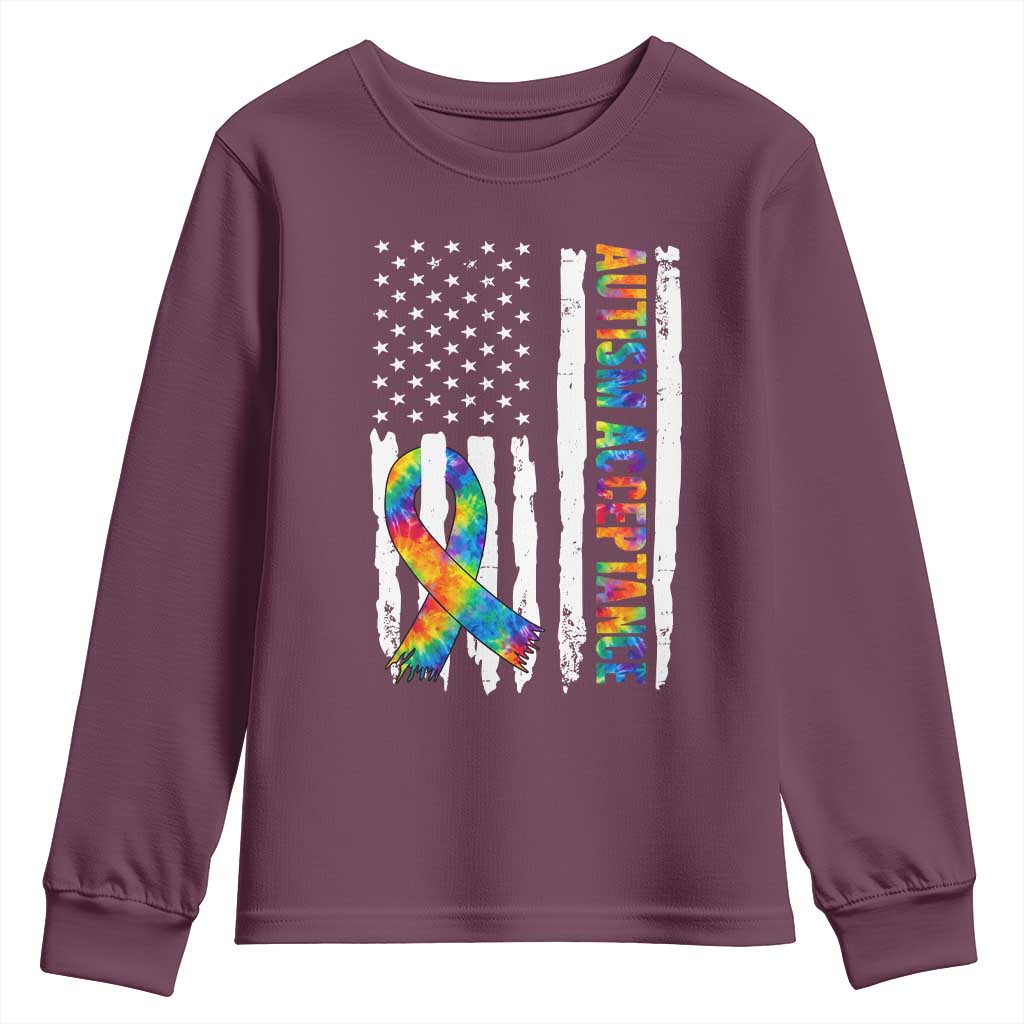 Autism Acceptance Youth Sweatshirt US Flag Ribbon Support Neurodiversity TS14 Maroon Print Your Wear