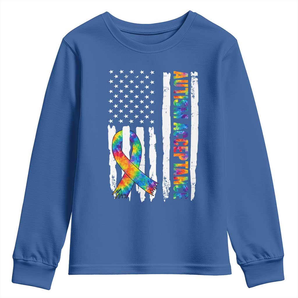 Autism Acceptance Youth Sweatshirt US Flag Ribbon Support Neurodiversity TS14 Royal Blue Print Your Wear