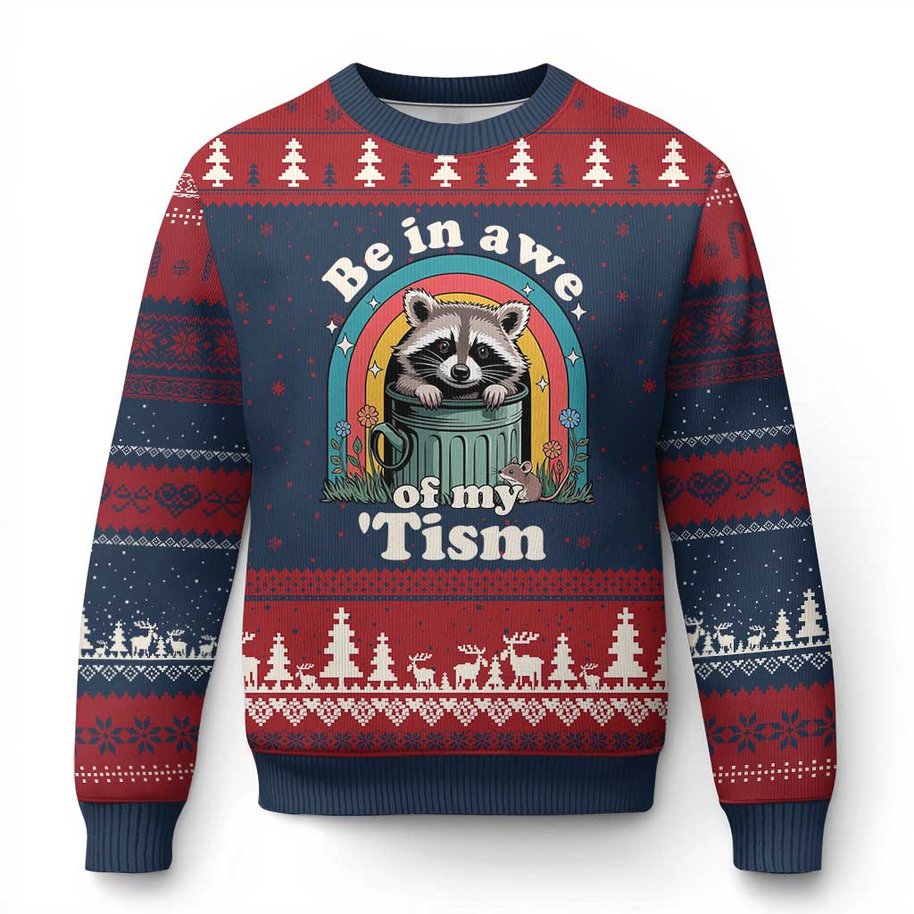 Be in Awe of My Tism Ugly Christmas Sweater Funny Raccoon Autism Acceptance TS14 Navy Red Print Your Wear