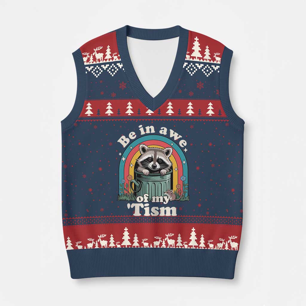 Be in Awe of My Tism V-Neck Knit Sweater Vest Funny Raccoon Autism Acceptance TS14 Navy Red Print Your Wear
