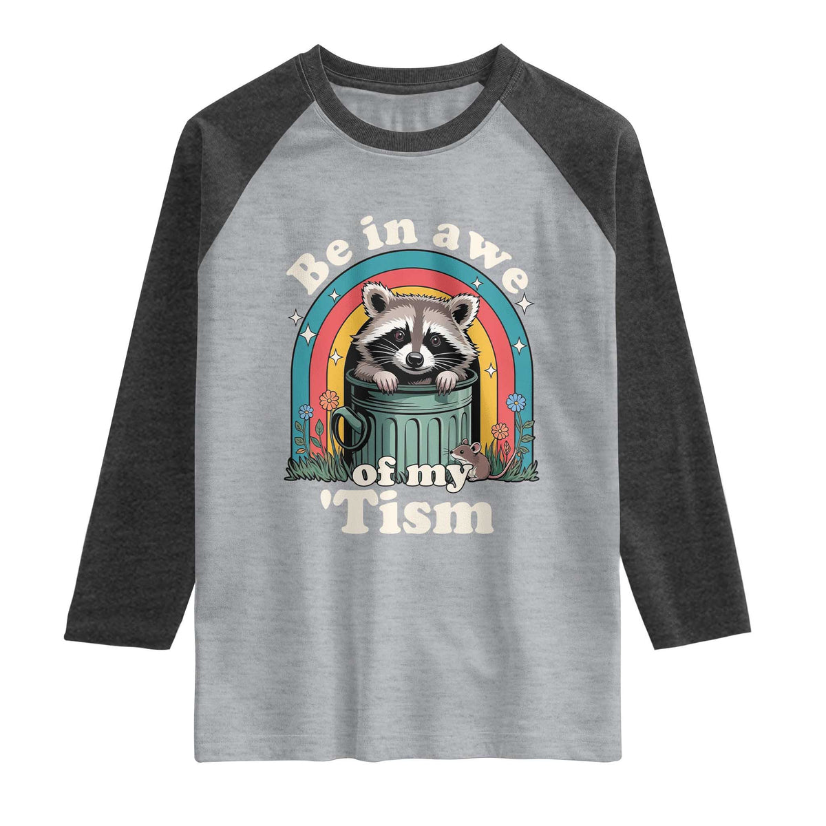 Be in Awe of My Tism Raglan Shirt Funny Raccoon Autism Acceptance TS14 Heather Gray Heather Charcoal Print Your Wear