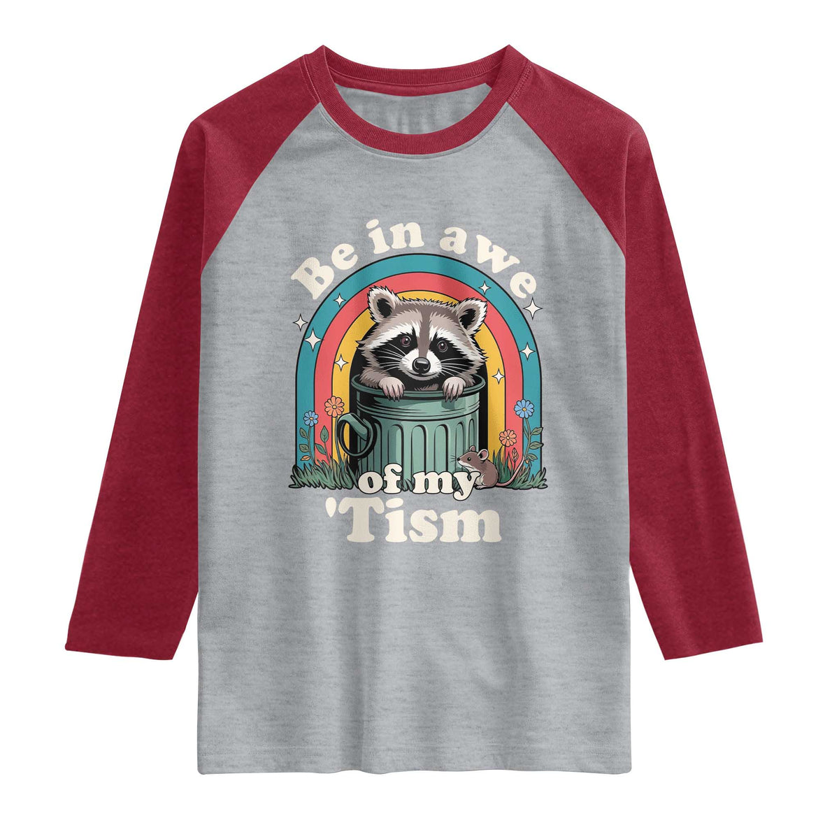 Be in Awe of My Tism Raglan Shirt Funny Raccoon Autism Acceptance TS14 Heather Gray Heather Red Print Your Wear