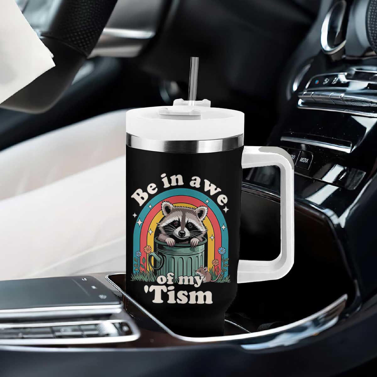 Be in Awe of My Tism Tumbler With Handle Funny Raccoon Autism Acceptance TS14 Print Your Wear