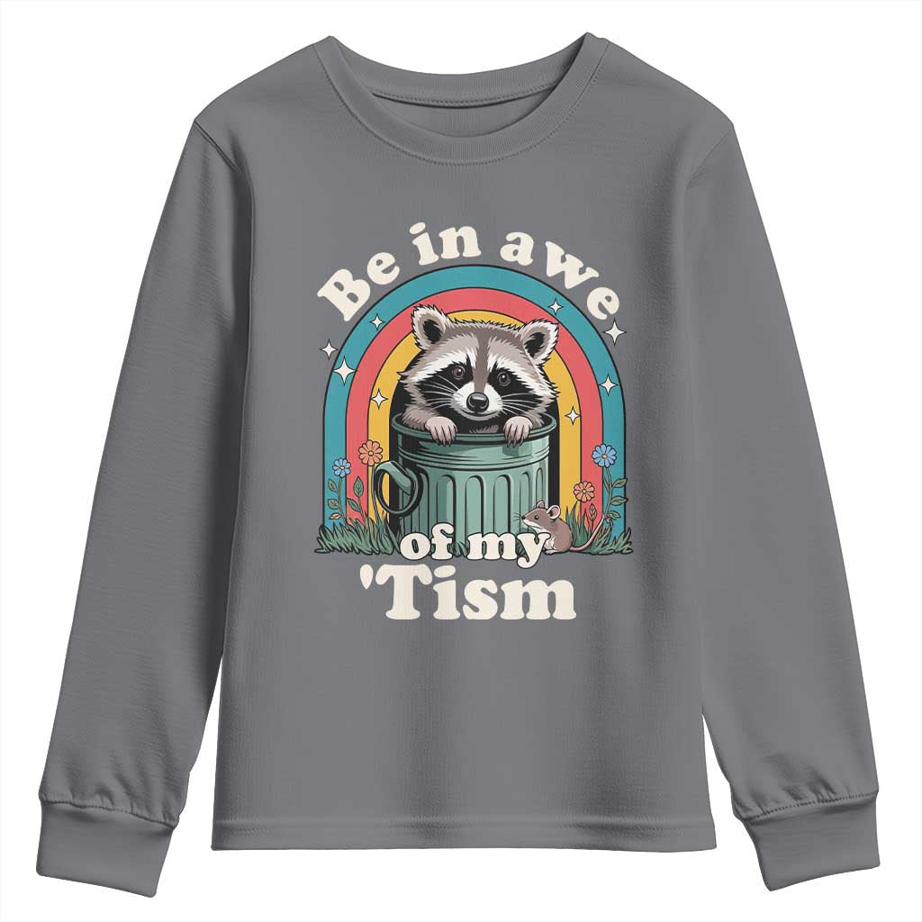 Be in Awe of My Tism Youth Sweatshirt Funny Raccoon Autism Acceptance TS14 Charcoal Print Your Wear