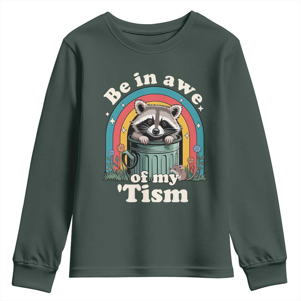 Be in Awe of My Tism Youth Sweatshirt Funny Raccoon Autism Acceptance TS14 Dark Forest Green Print Your Wear