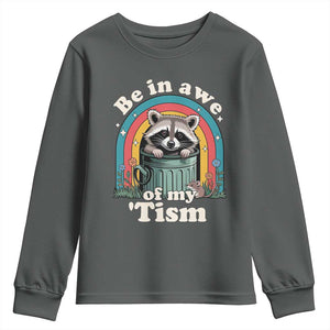 Be in Awe of My Tism Youth Sweatshirt Funny Raccoon Autism Acceptance TS14 Dark Heather Print Your Wear