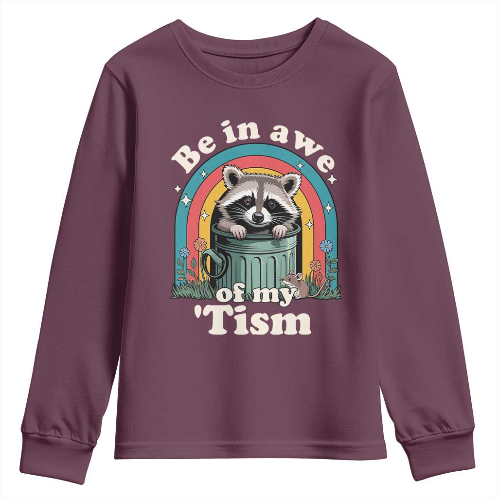 Be in Awe of My Tism Youth Sweatshirt Funny Raccoon Autism Acceptance TS14 Maroon Print Your Wear