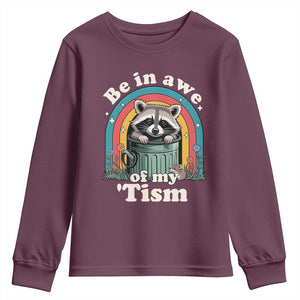 Be in Awe of My Tism Youth Sweatshirt Funny Raccoon Autism Acceptance TS14 Maroon Print Your Wear
