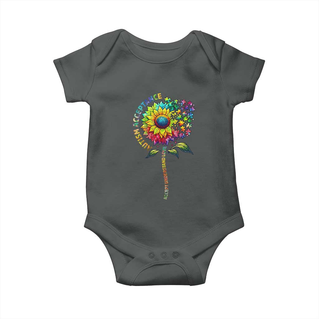 Autism Acceptance Baby Onesie Accept Understand Love Sunflower Puzzle TS14 Dark Heather Print Your Wear