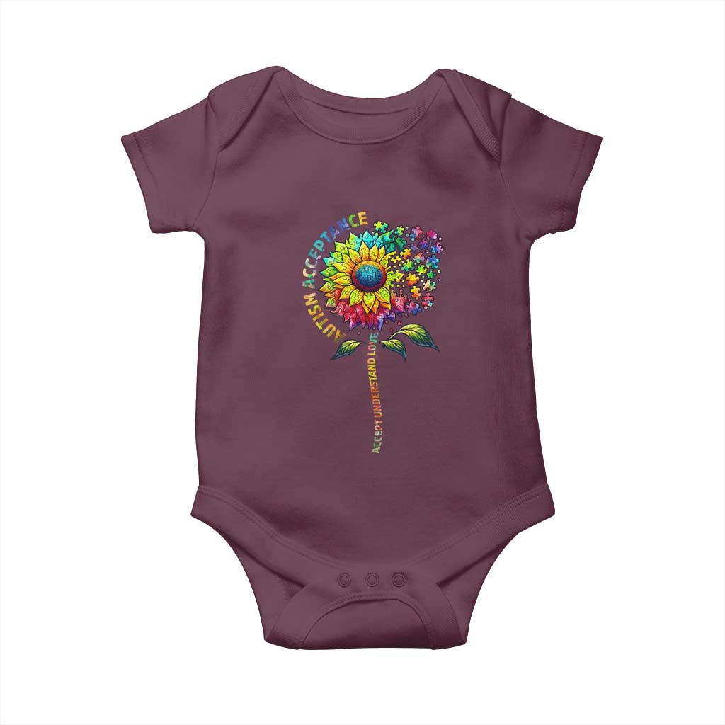 Autism Acceptance Baby Onesie Accept Understand Love Sunflower Puzzle TS14 Maroon Print Your Wear