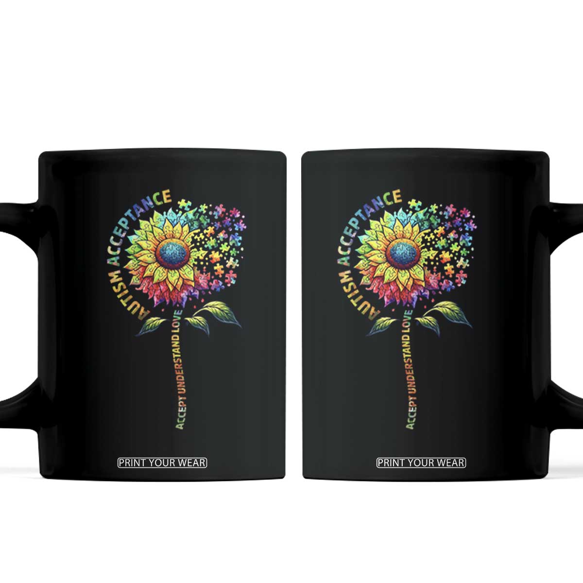 Autism Acceptance Coffee Mug Accept Understand Love Sunflower Puzzle TS14 Black Print Your Wear