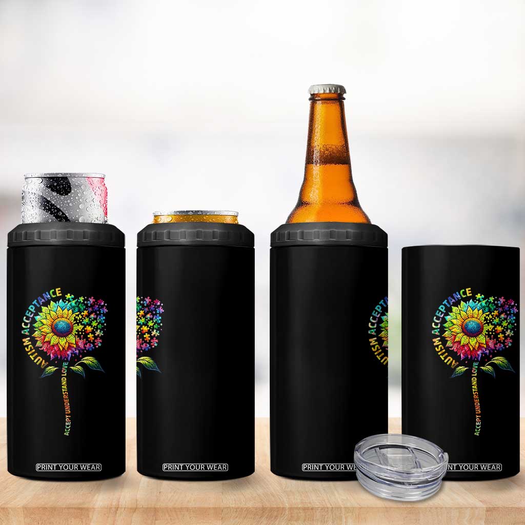 Autism Acceptance 4 in 1 Can Cooler Tumbler Accept Understand Love Sunflower Puzzle TS14 Print Your Wear