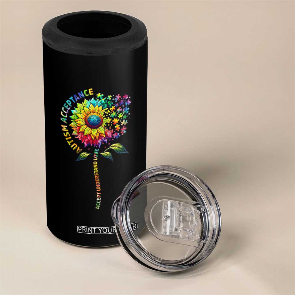 Autism Acceptance 4 in 1 Can Cooler Tumbler Accept Understand Love Sunflower Puzzle TS14 Print Your Wear