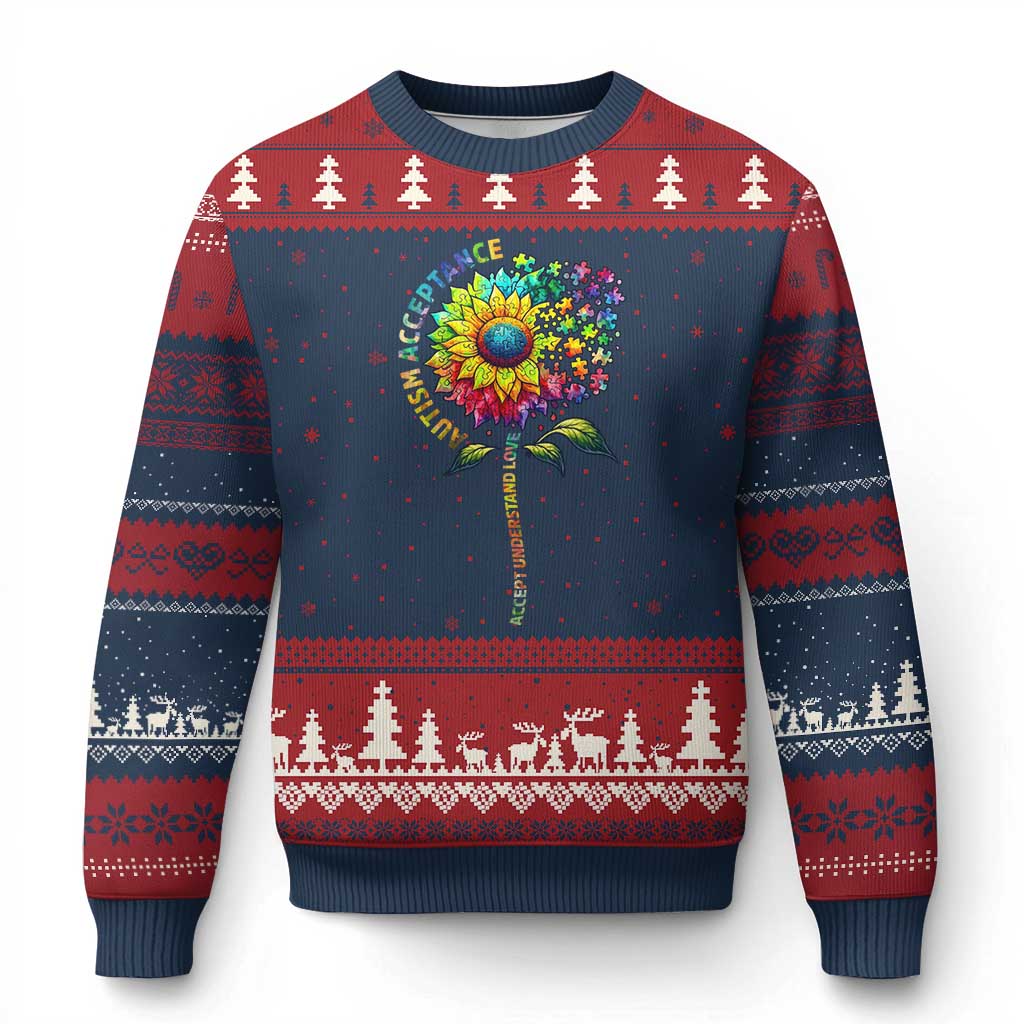 Autism Acceptance Ugly Christmas Sweater Accept Understand Love Sunflower Puzzle TS14 Navy Red Print Your Wear