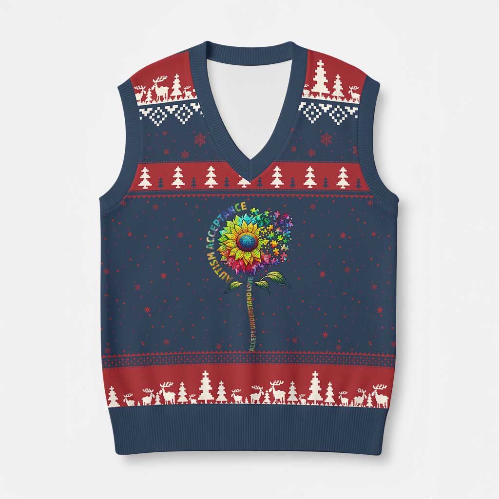 Autism Acceptance V-Neck Knit Sweater Vest Accept Understand Love Sunflower Puzzle TS14 Navy Red Print Your Wear