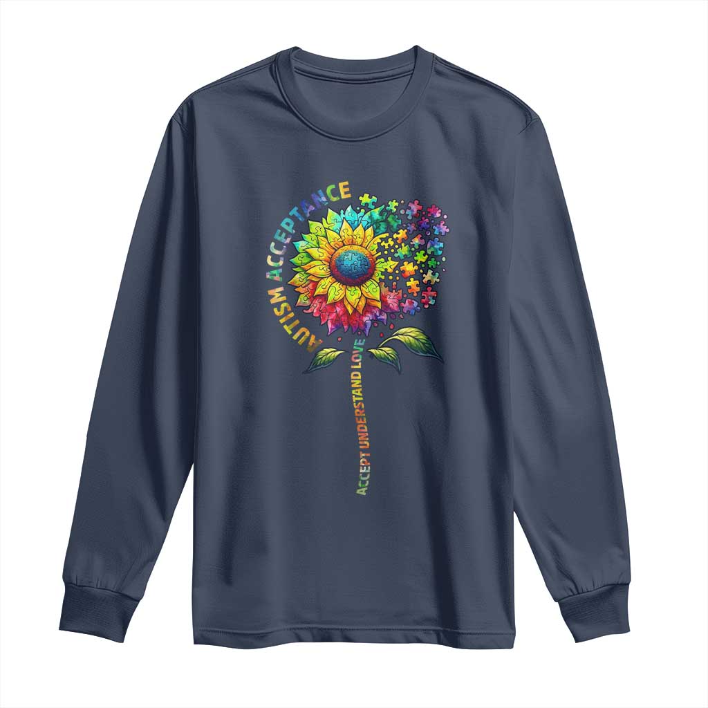 Autism Acceptance Long Sleeve Shirt Accept Understand Love Sunflower Puzzle TS14 Navy Print Your Wear