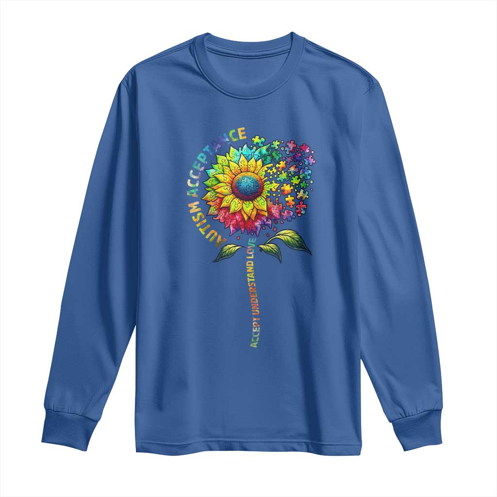 Autism Acceptance Long Sleeve Shirt Accept Understand Love Sunflower Puzzle TS14 Royal Blue Print Your Wear
