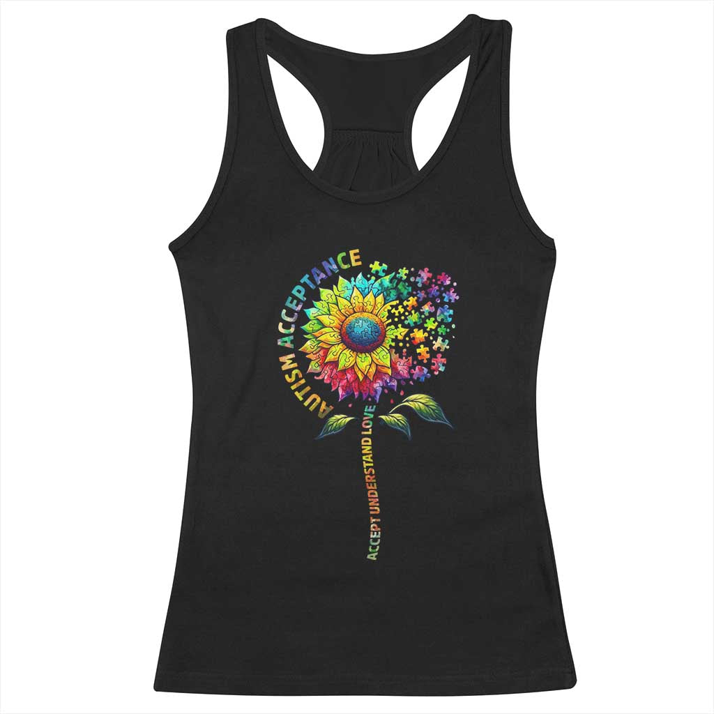 Autism Acceptance Racerback Tank Top Accept Understand Love Sunflower Puzzle TS14 Black Print Your Wear