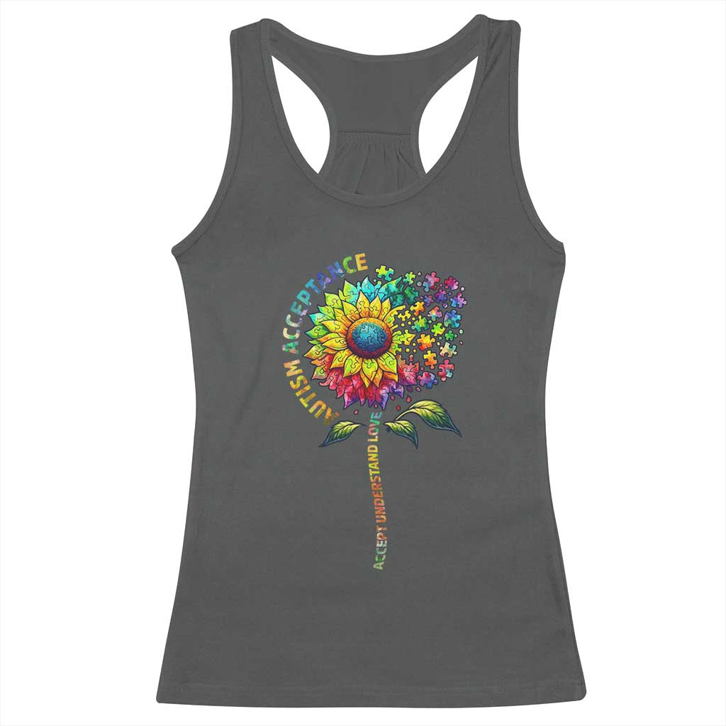 Autism Acceptance Racerback Tank Top Accept Understand Love Sunflower Puzzle TS14 Dark Heather Print Your Wear