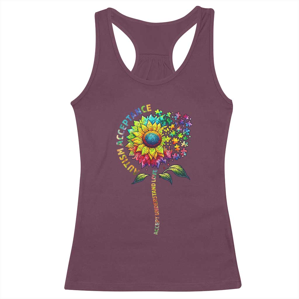 Autism Acceptance Racerback Tank Top Accept Understand Love Sunflower Puzzle TS14 Maroon Print Your Wear