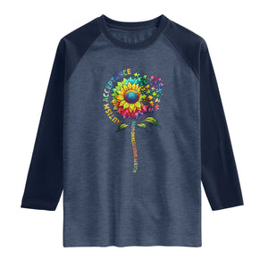 Autism Acceptance Raglan Shirt Accept Understand Love Sunflower Puzzle TS14 Heather Denim Navy Print Your Wear