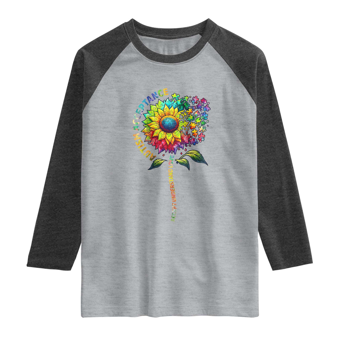 Autism Acceptance Raglan Shirt Accept Understand Love Sunflower Puzzle TS14 Heather Gray Heather Charcoal Print Your Wear