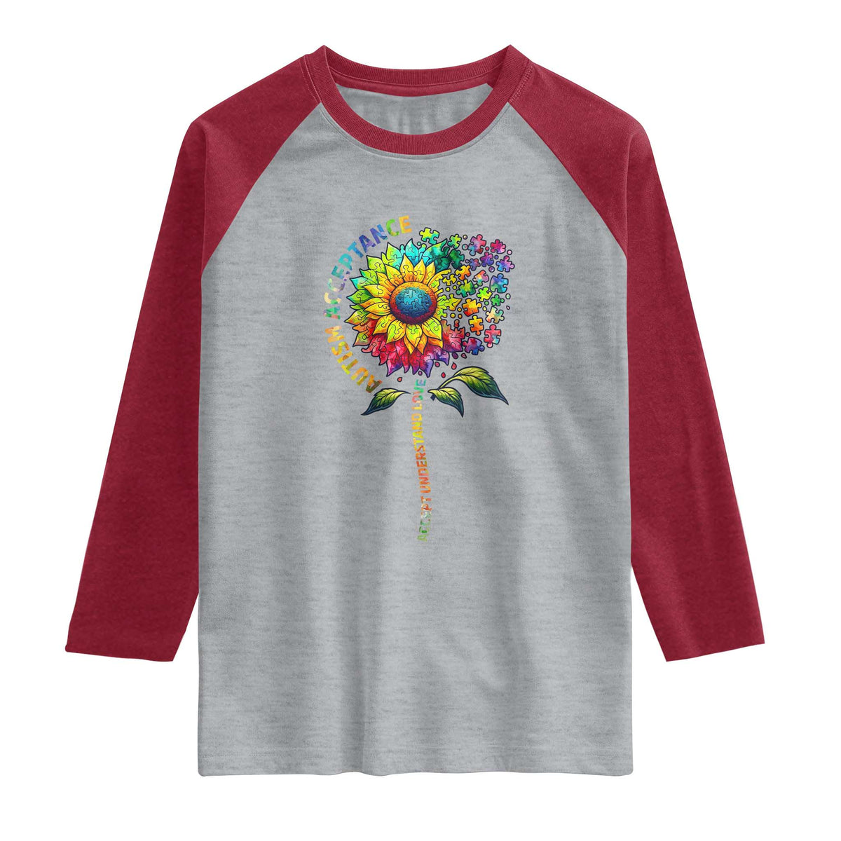 Autism Acceptance Raglan Shirt Accept Understand Love Sunflower Puzzle TS14 Heather Gray Heather Red Print Your Wear