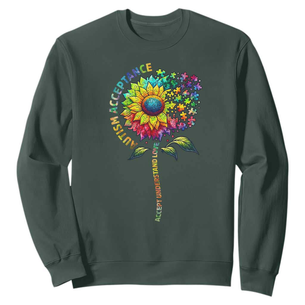 Autism Acceptance Sweatshirt Accept Understand Love Sunflower Puzzle TS14 Dark Forest Green Print Your Wear