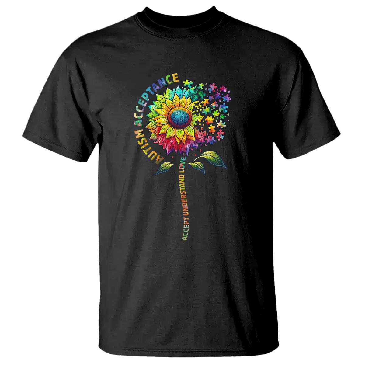 Autism Acceptance T Shirt Accept Understand Love Sunflower Puzzle TS14 Black Print Your Wear