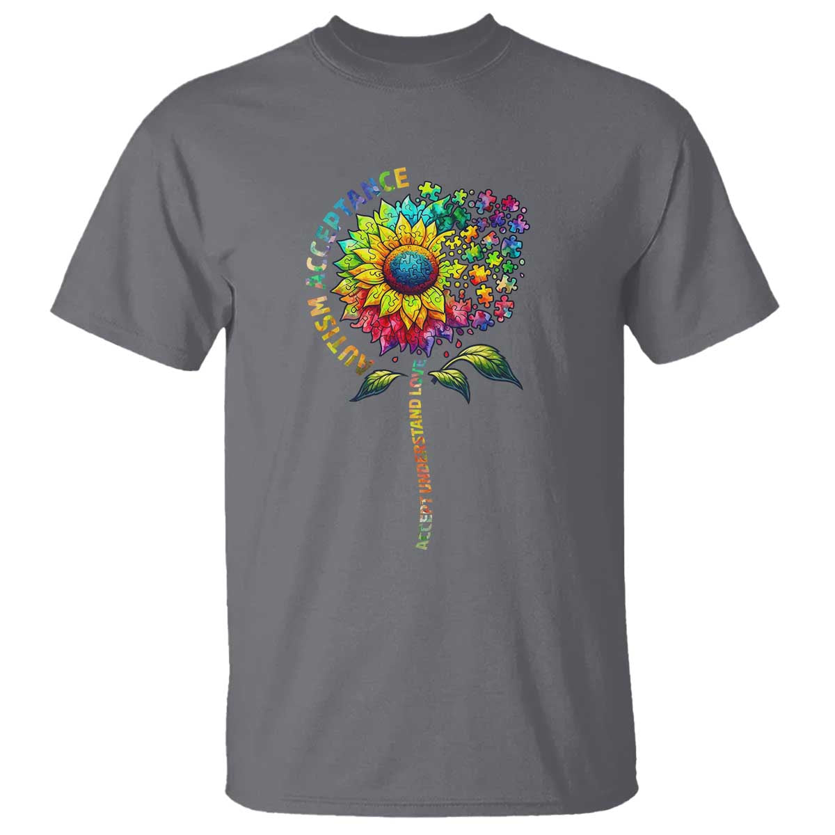 Autism Acceptance T Shirt Accept Understand Love Sunflower Puzzle TS14 Charcoal Print Your Wear