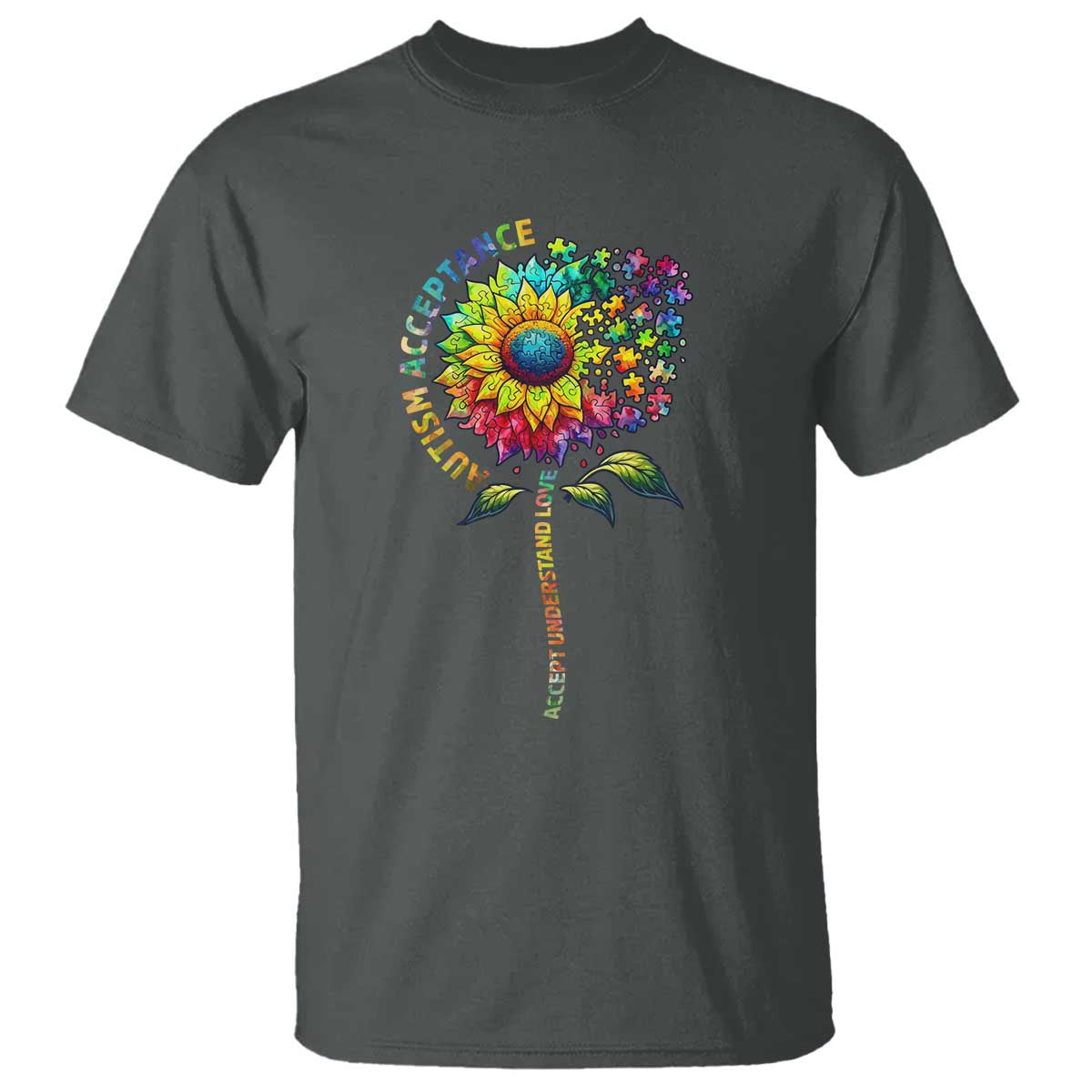 Autism Acceptance T Shirt Accept Understand Love Sunflower Puzzle TS14 Dark Heather Print Your Wear