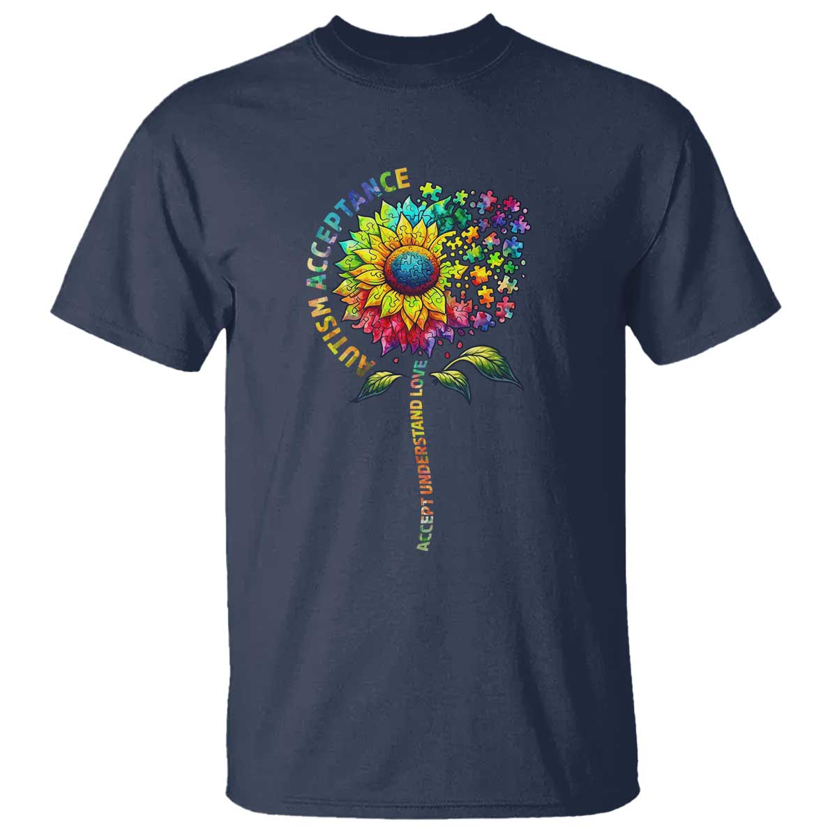 Autism Acceptance T Shirt Accept Understand Love Sunflower Puzzle TS14 Navy Print Your Wear