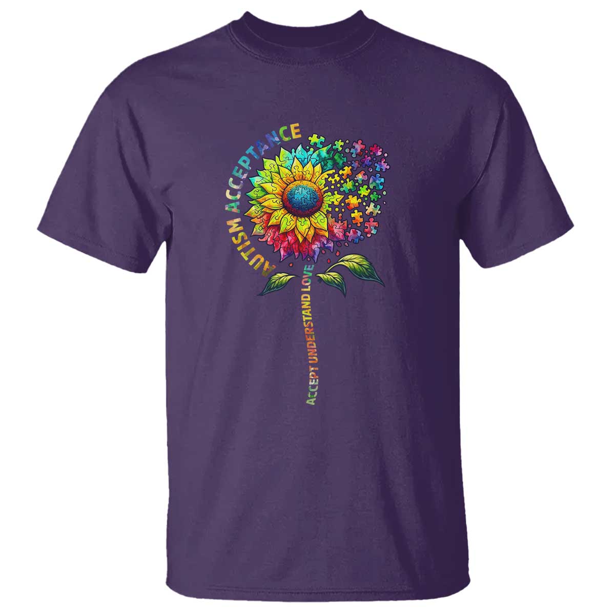 Autism Acceptance T Shirt Accept Understand Love Sunflower Puzzle TS14 Purple Print Your Wear