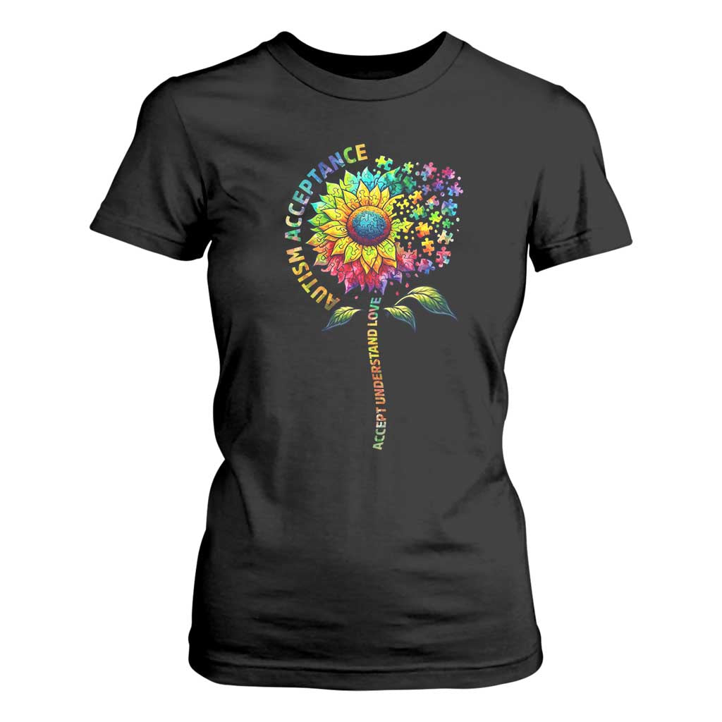 Autism Acceptance T Shirt For Women Accept Understand Love Sunflower Puzzle TS14 Black Print Your Wear