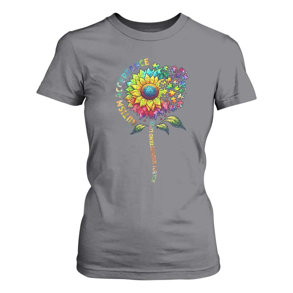 Autism Acceptance T Shirt For Women Accept Understand Love Sunflower Puzzle TS14 Charcoal Print Your Wear
