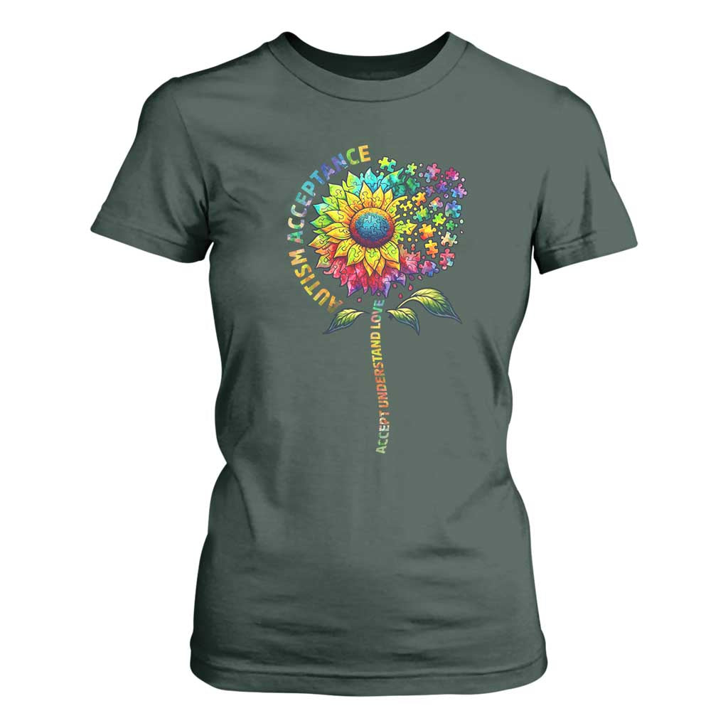 Autism Acceptance T Shirt For Women Accept Understand Love Sunflower Puzzle TS14 Dark Forest Green Print Your Wear