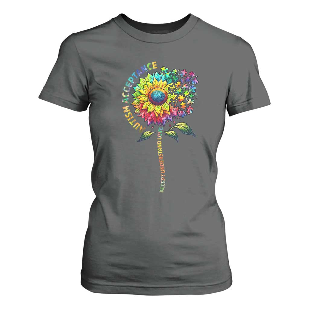 Autism Acceptance T Shirt For Women Accept Understand Love Sunflower Puzzle TS14 Dark Heather Print Your Wear