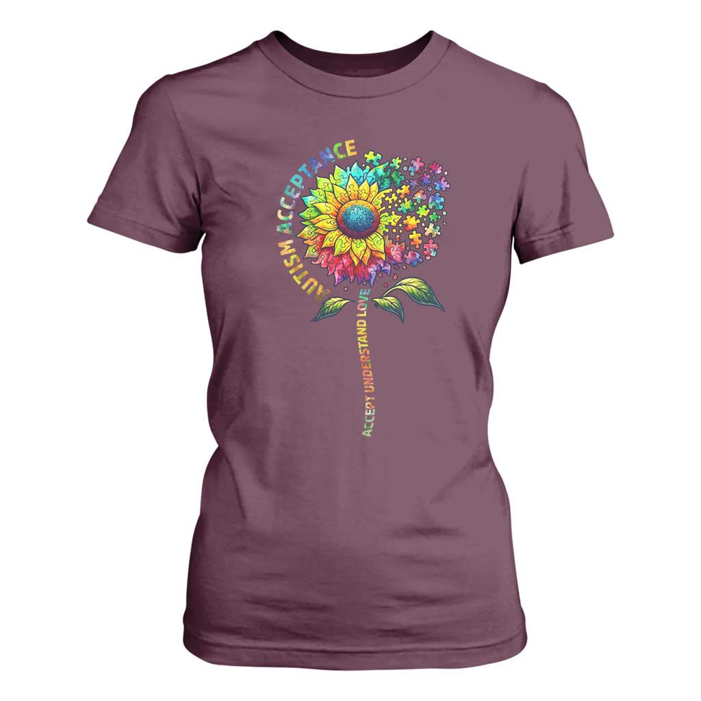 Autism Acceptance T Shirt For Women Accept Understand Love Sunflower Puzzle TS14 Maroon Print Your Wear
