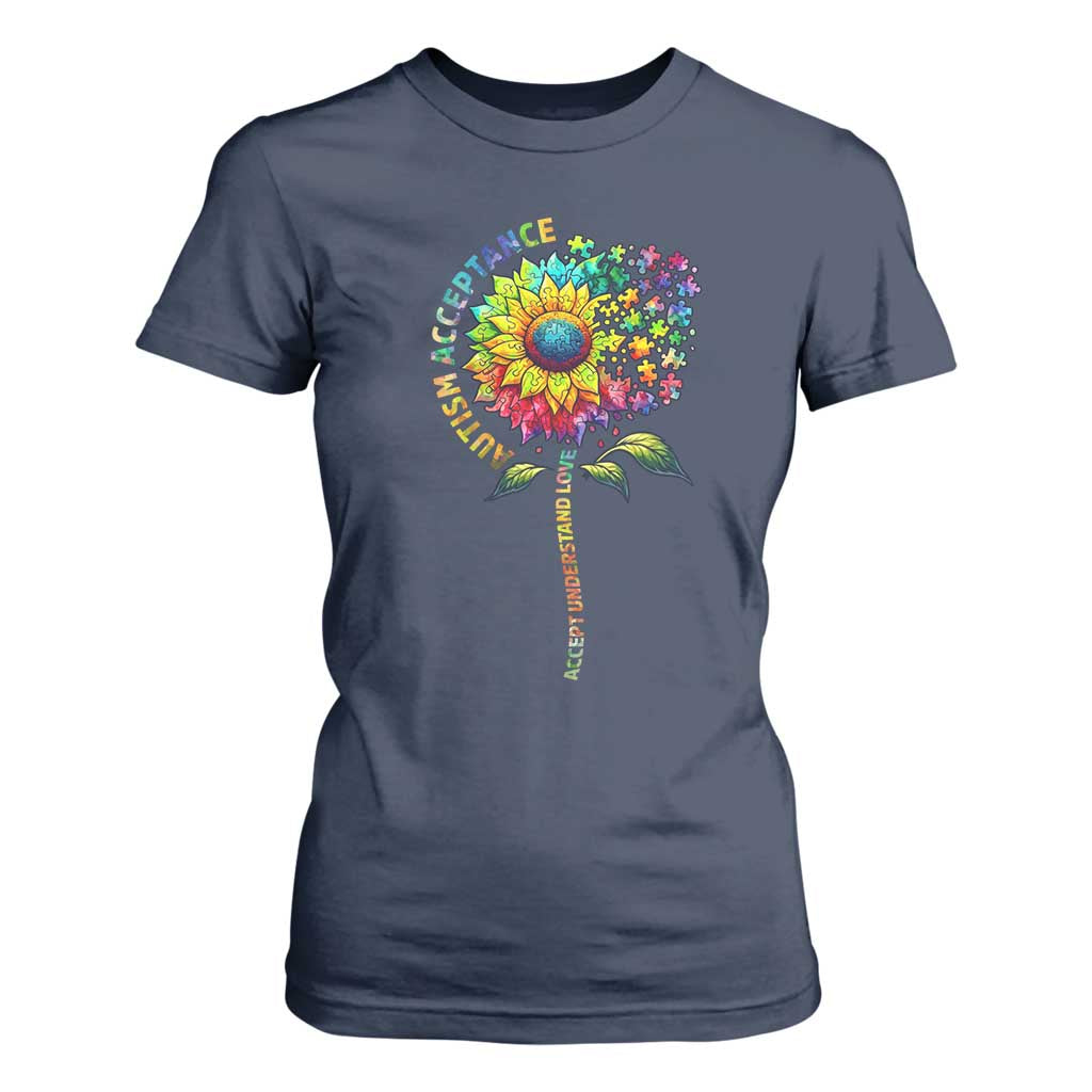 Autism Acceptance T Shirt For Women Accept Understand Love Sunflower Puzzle TS14 Navy Print Your Wear